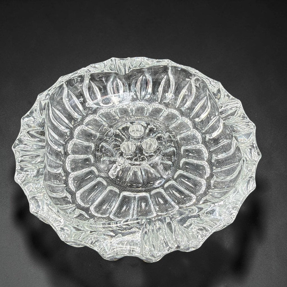 Vintage Clear Pressed Glass Flower Frog Bowl Scalloped 3 Hole 5 Inch Diameter